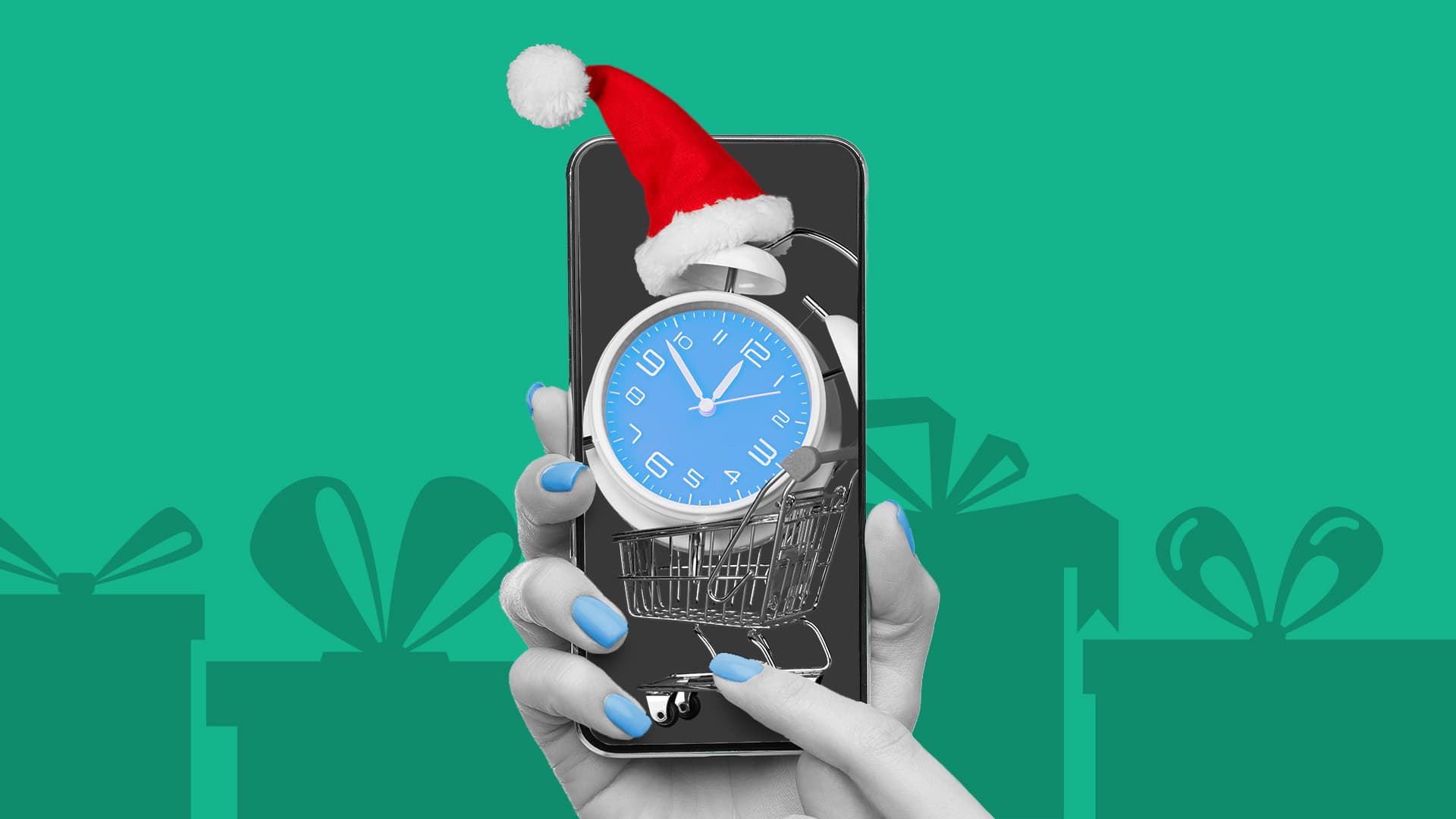 This image features a hand holding a smart phone. On the smart phone, you can see a shopping cart with an alarm clock and a Santa Clause hat, representing the timeliness of holiday shopping. This image represents last minute holiday advertising.