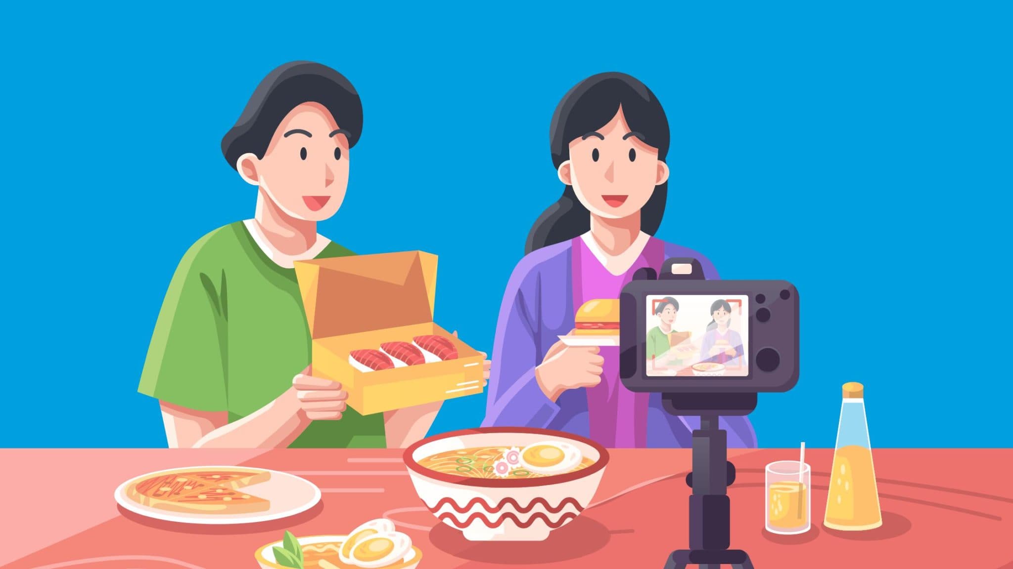 On a blue background, two people stand behind food on a table. They are filming themselves enjoying the food. The image is meant to represent video marketing for the food and beverage industry.