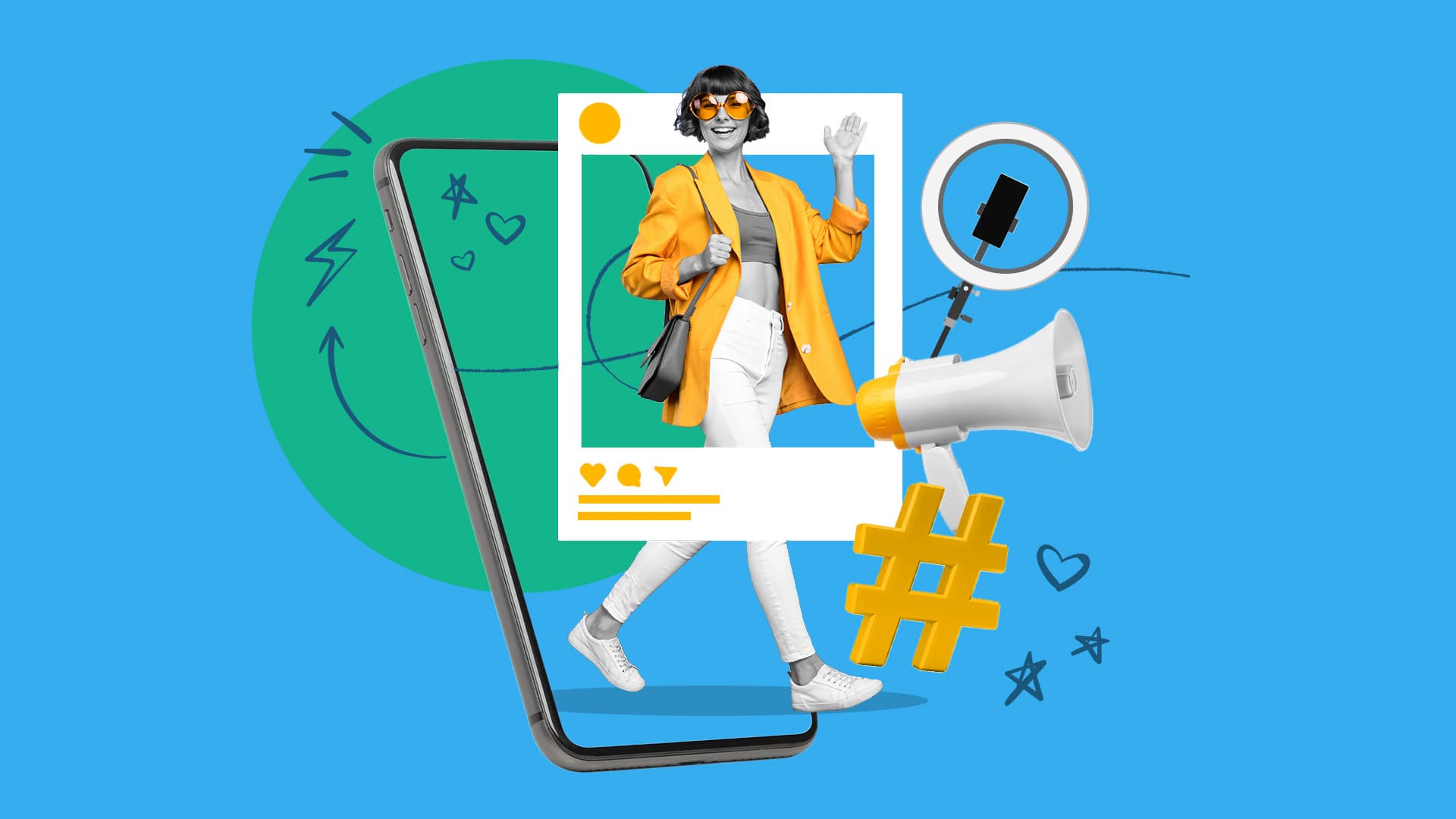 This image features a social media post coming out of a phone with influencer-related elements found around the image. The image represents 7 influencer marketing tools to know.
