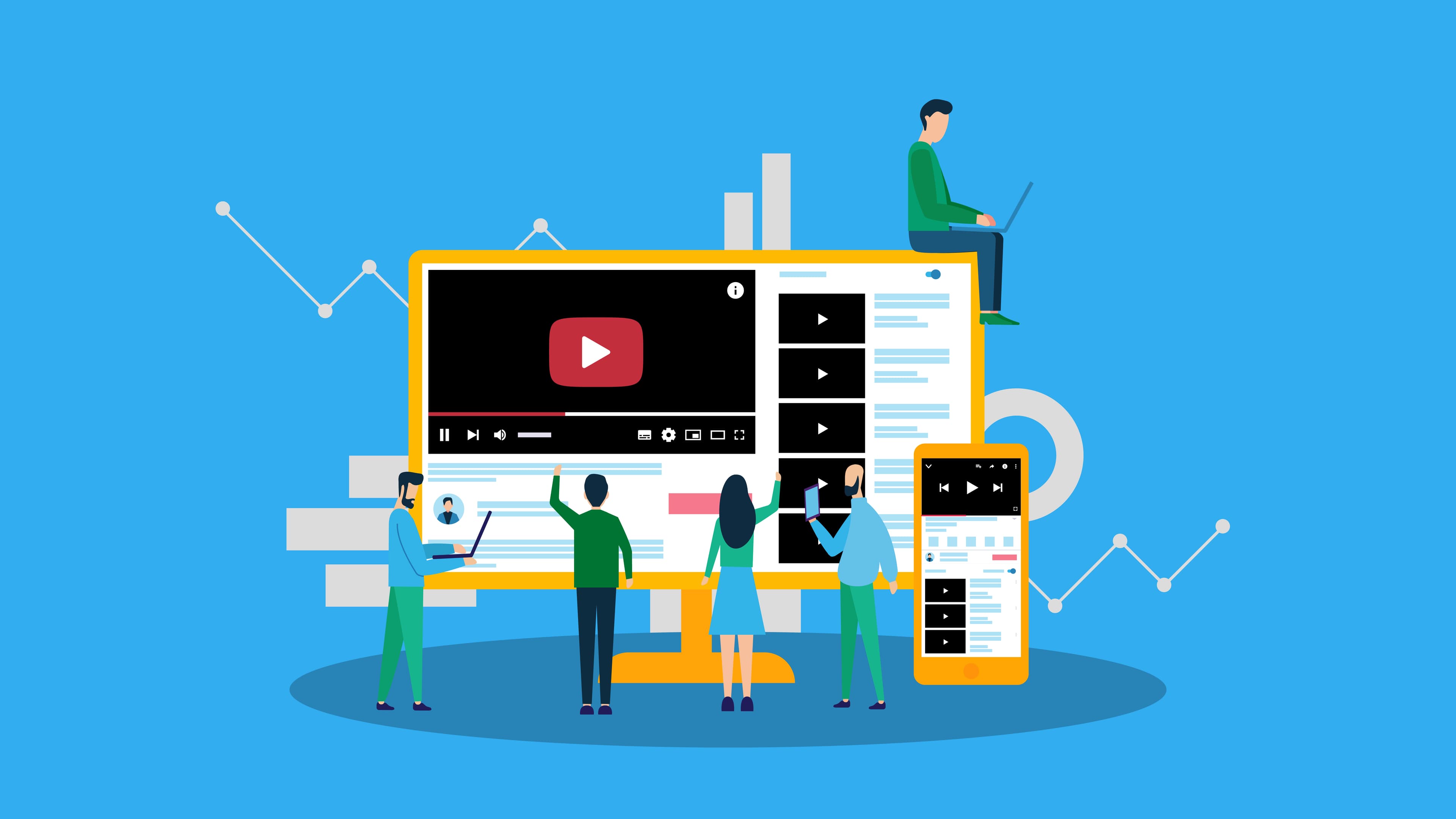 This image features a blue background. On top of the background, you can see multiple screens, each displaying different parts of the YouTube platform. There are people standing and sitting around the screens. Behind the screens, you can see lines from graphs. This image represents the YouTube algorithm.