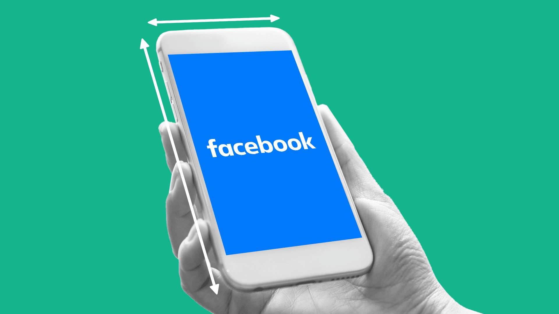 This image features someone holding a smartphone, which has the Facebook logo on the screen. On the sides of the phone, there are arrows and lines to represent the size of the Facebook video ad specs.