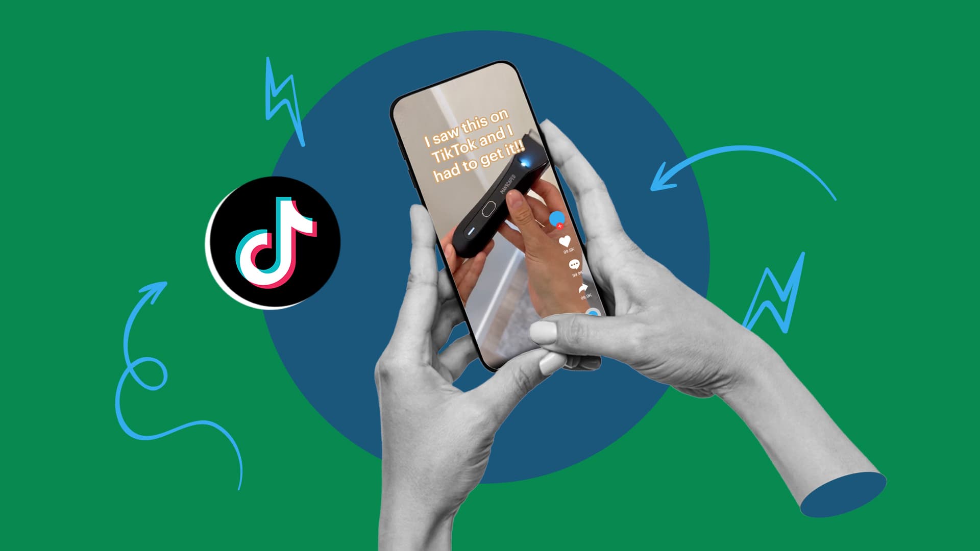 This image features hands holding a smartphone. On the screen, you can see a TikTok video playing. To the left of the phone, there is a TikTok logo. This image represents TikTok influencer marketing.