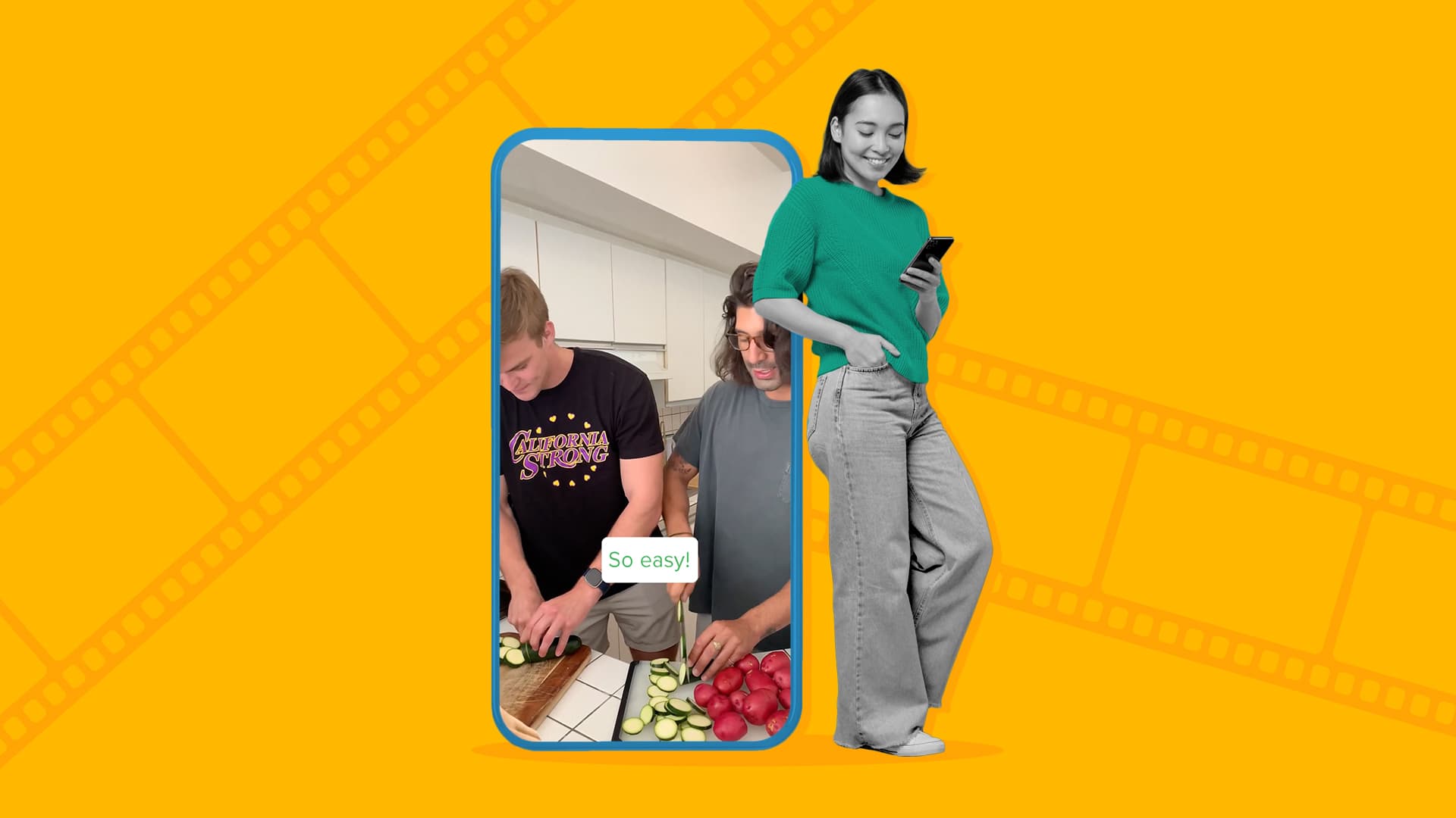 This image has a yellow background with film across the background. In the center, there is a large phone, with a person leaning against it, watching a video. This image represents how to make a Reel on Instagram.