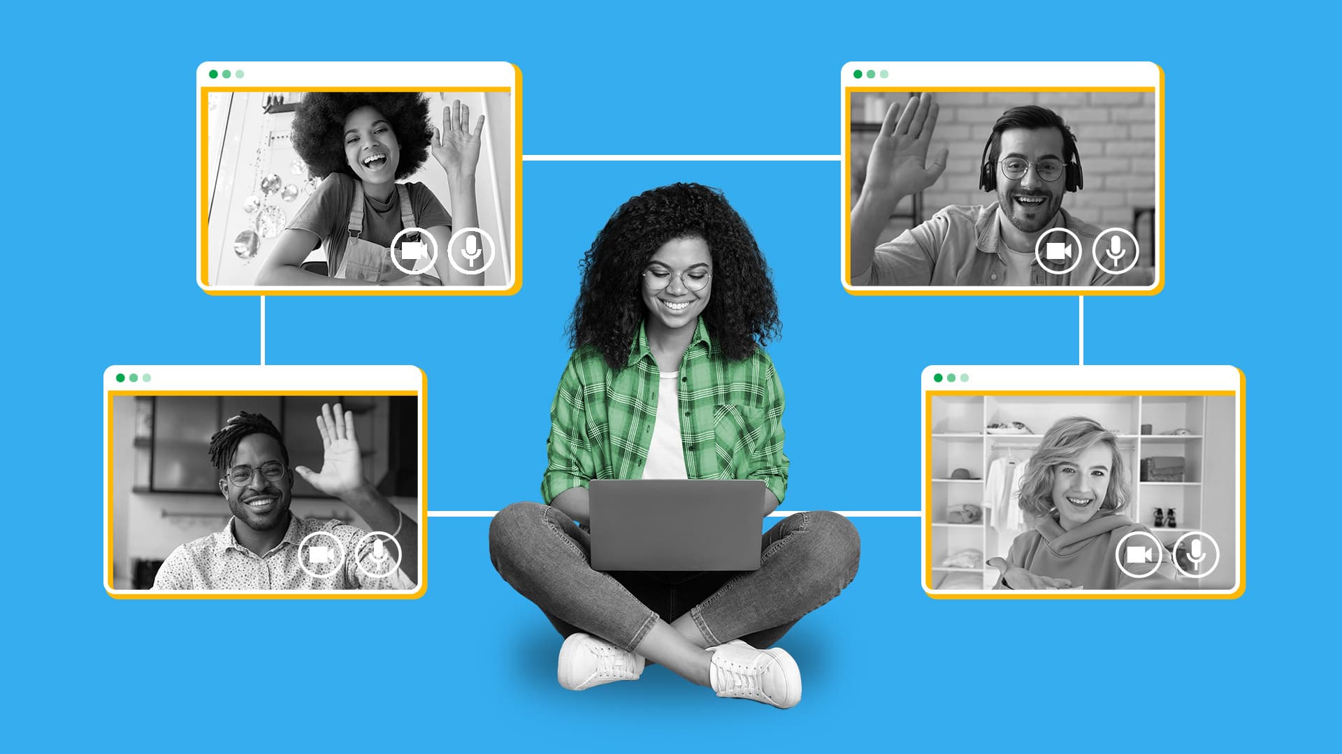 In this photo, one person is sitting in the middle of the image using a laptop. Around them, four screens are open, showing one person on each screen. Lines connect each of the screens and the person in the middle, representing staying connected digitally. This image represents internal communication videos for businesses.