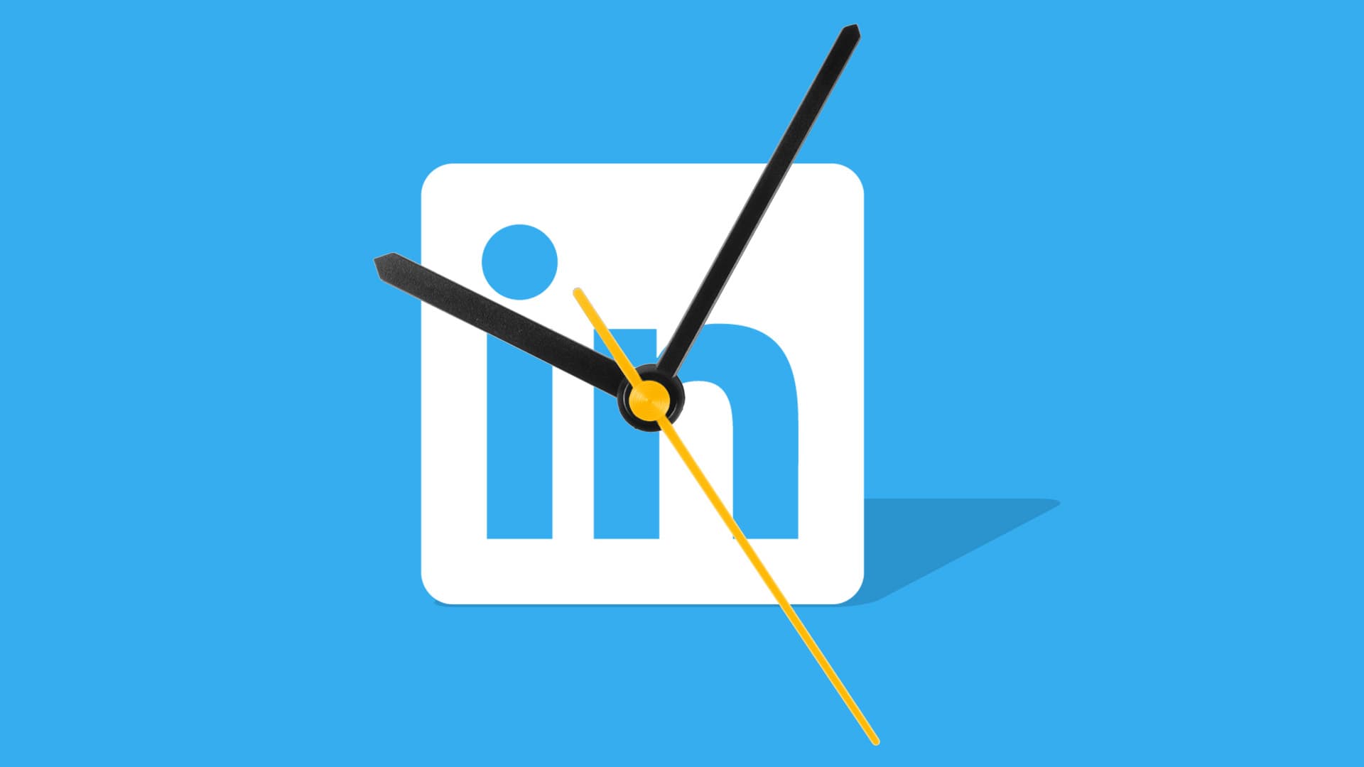 This image features a blue background. Then, the LinkedIn logo is centered in the image, with clock hands coming out of the logo. The image represents the best time to post on LinkedIn.