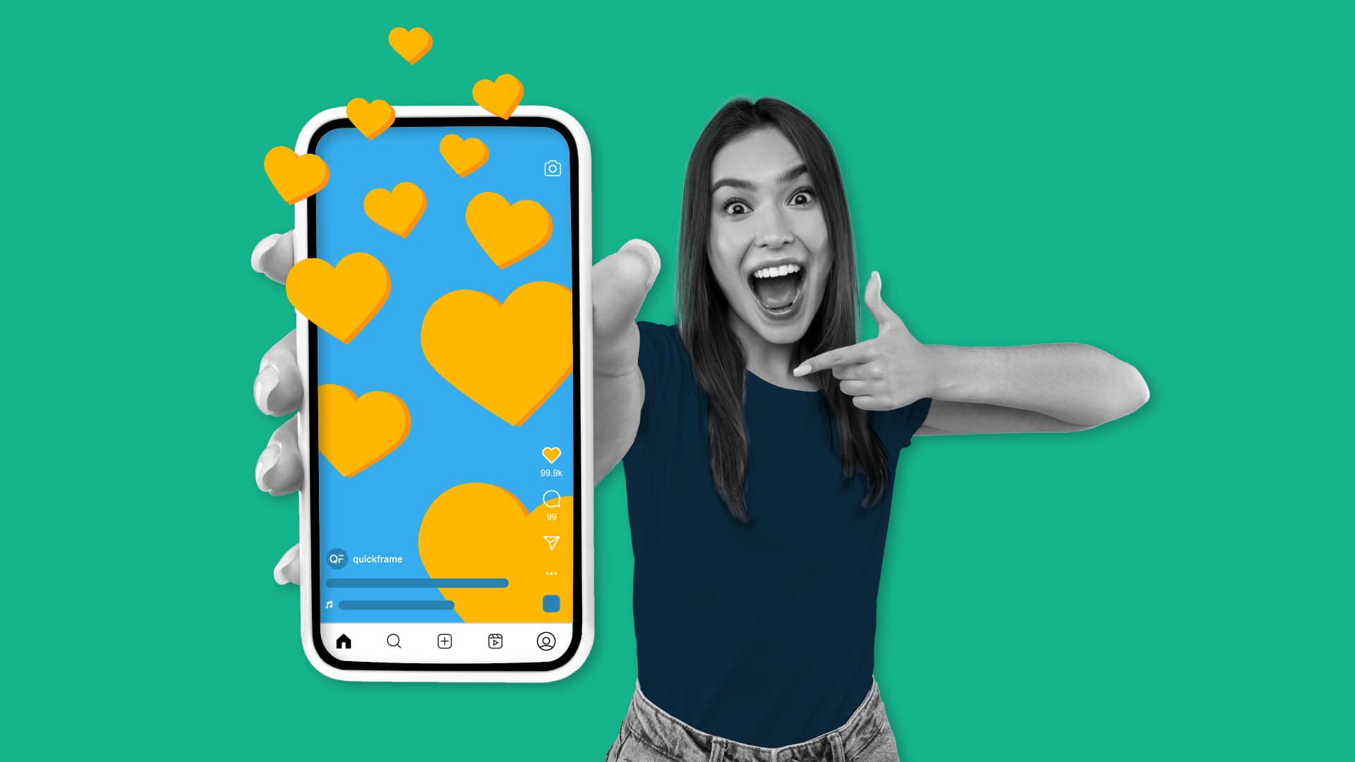 This image features a person holding up a phone. The phone has hearts coming out of it, showing people are liking the content. This image represents how to get more views on Instagram Reels.