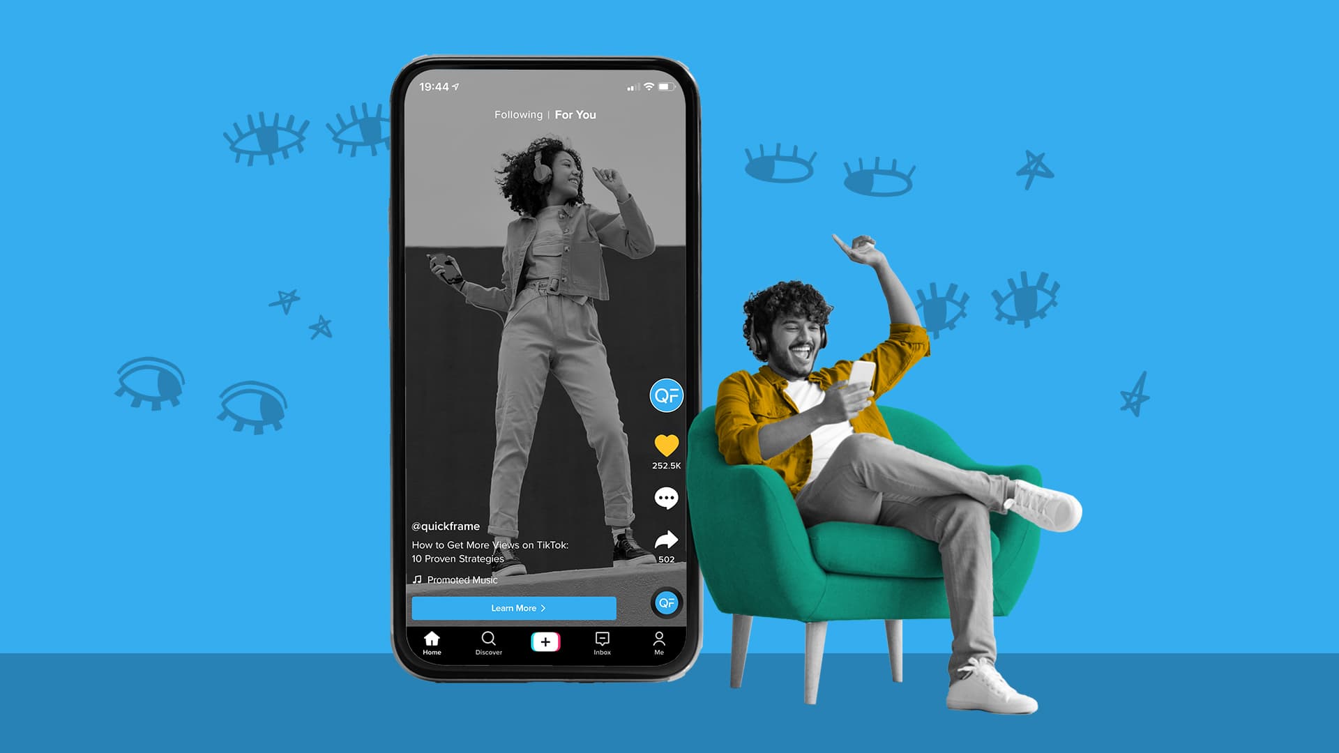 This image features a person sitting in a chair next to an oversized phone. There is a video of a person dancing in a TikTok video on the phone. This image represents how to get more views on TikTok.