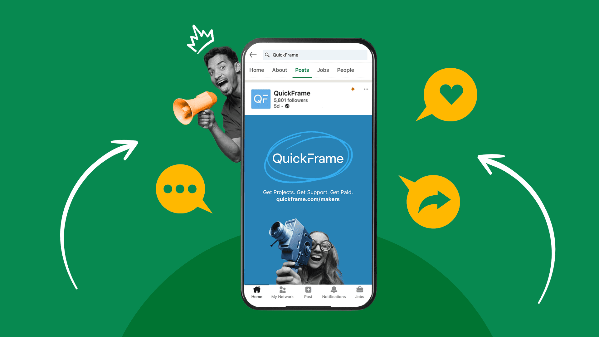 This image features a phone in the center of the screen with QuickFrame's LinkedIn profile pulled up on it. Outside the phone, there is a person with a megaphone and some social media-related icons. This image represents A B2B Guide to Social Media Video Marketing.