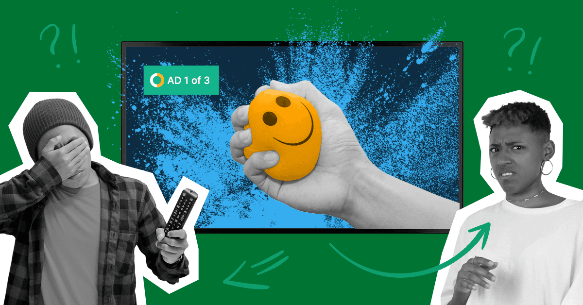 This image features people looking away from a TV screen with a smiling stress ball on the screen. The image represents what happens when video marketing goes wrong.