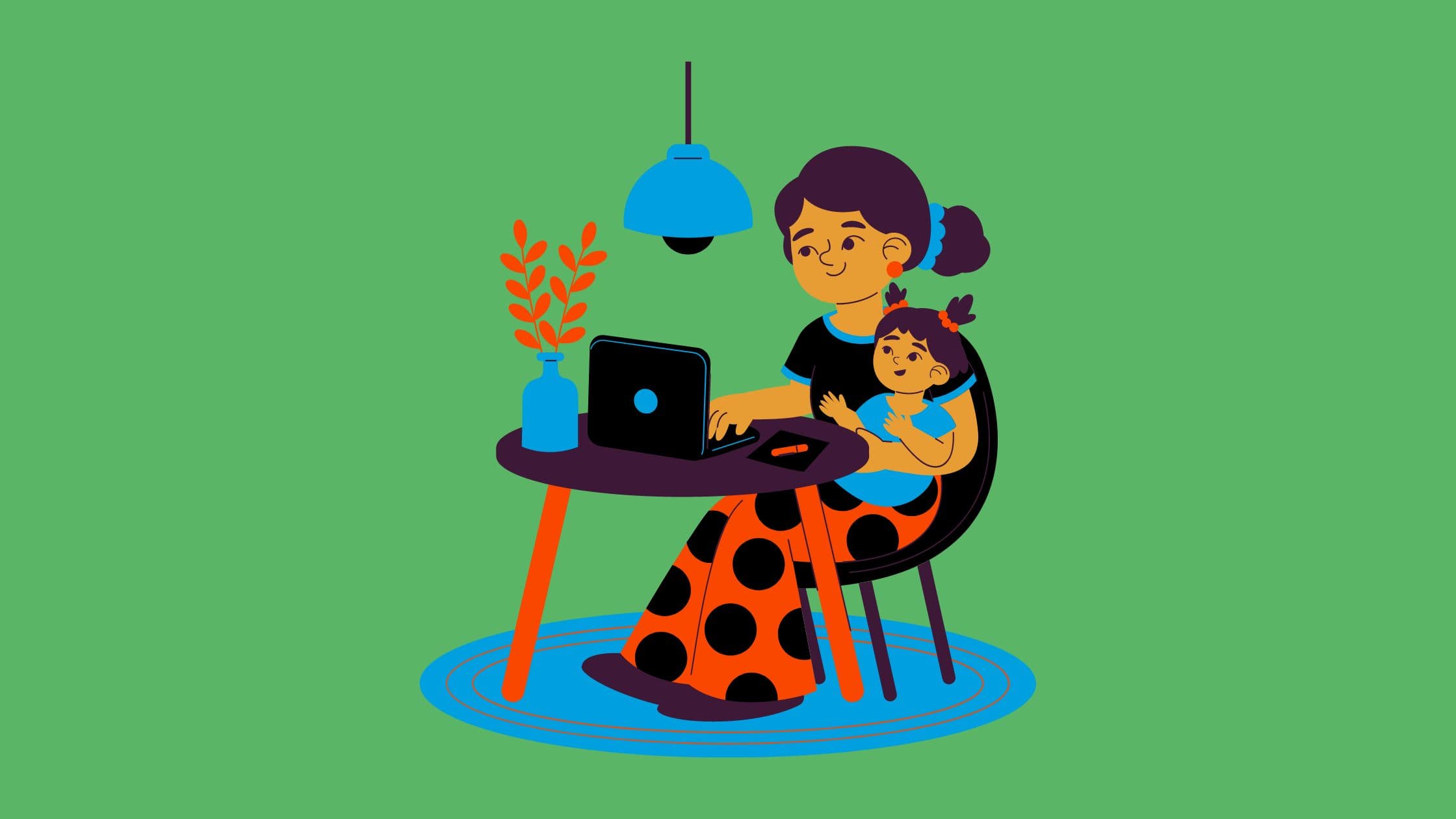 This image features a person sitting down at a computer while holding a baby. The image represents life as a working mom.