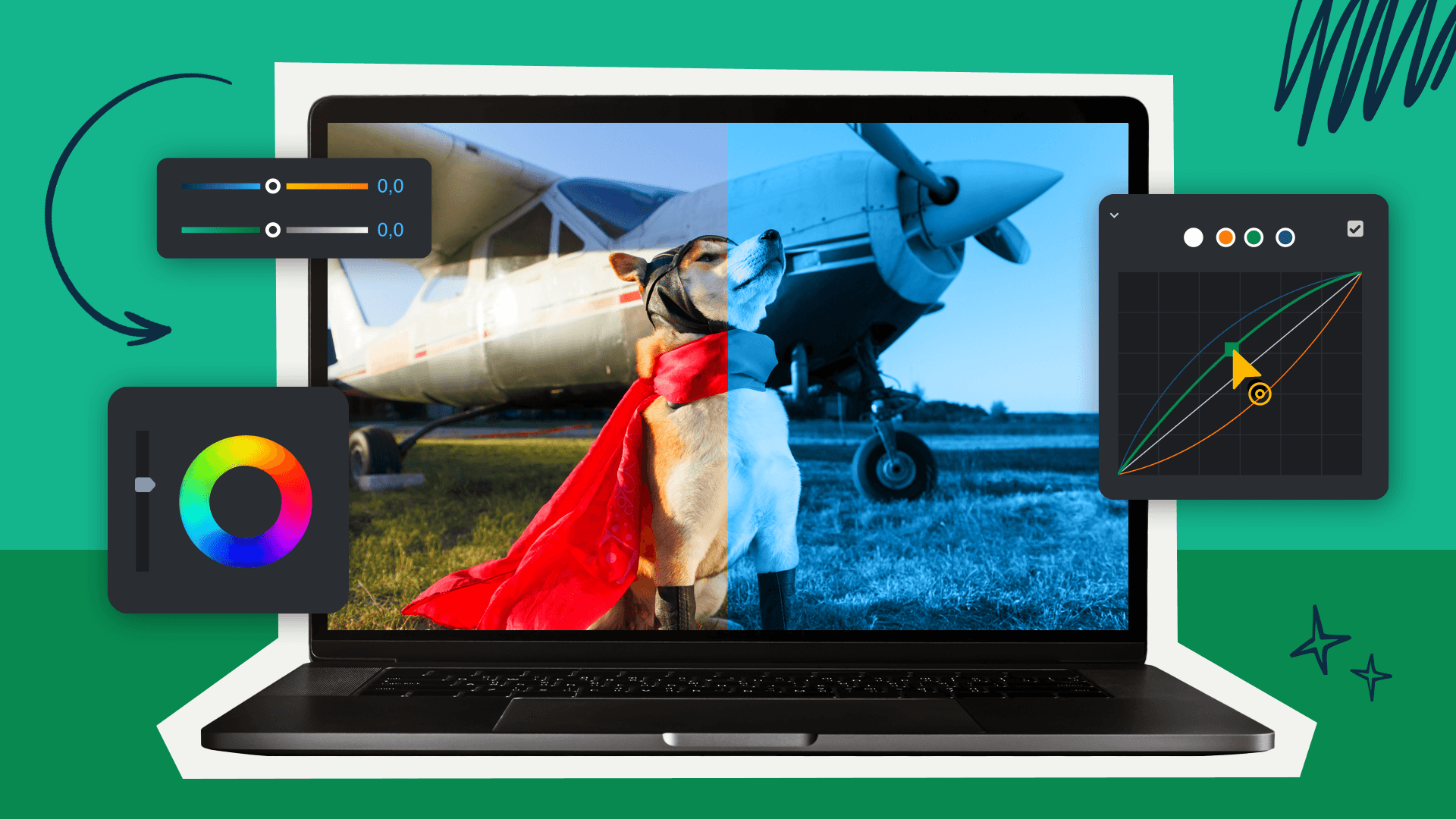 This image features a computer showcasing an example of color correction for the blog "Color Correction: What Is It & How Does It Work?"