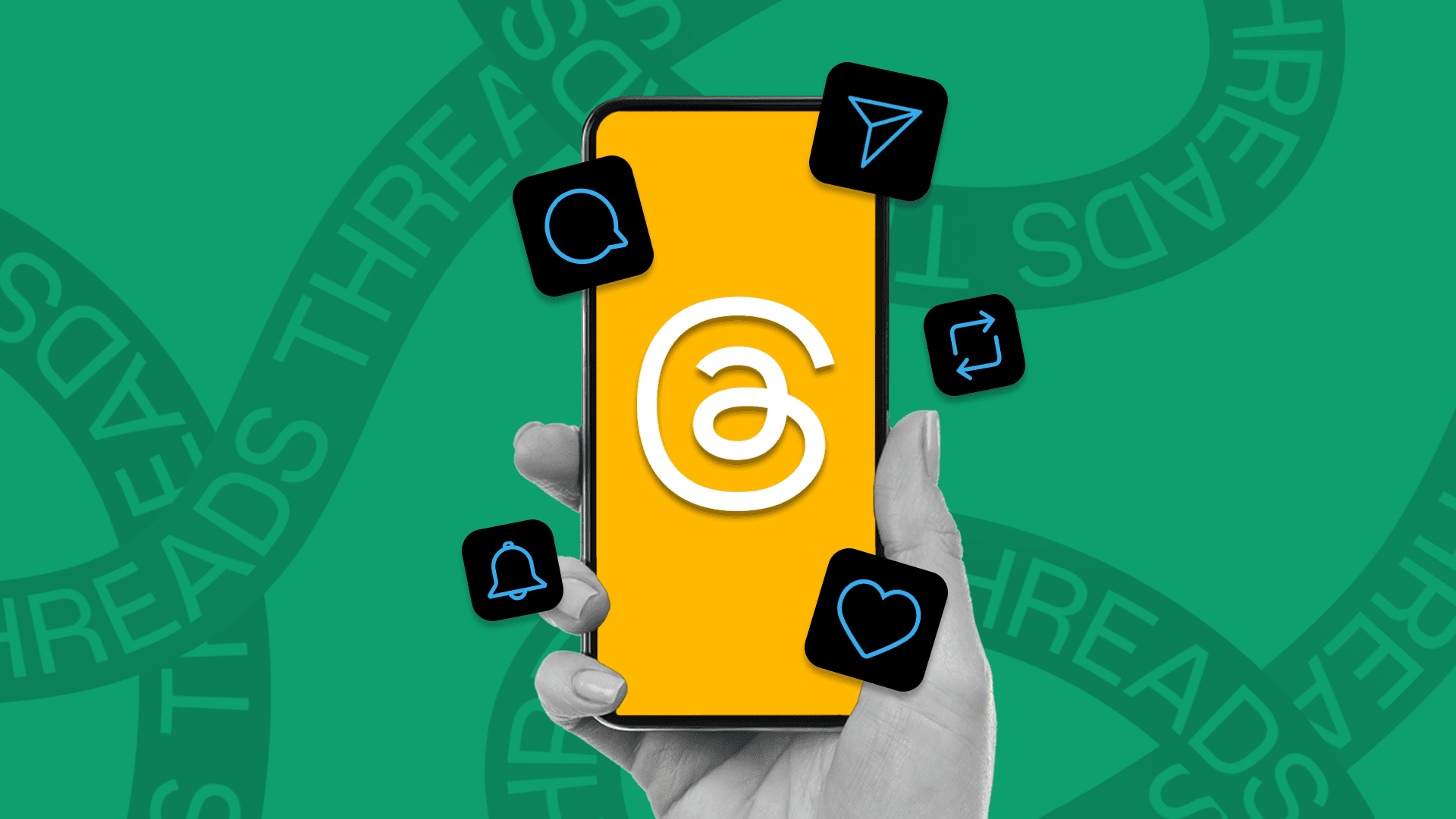 This image features a green background with a hand holding a phone. The phone screen is yellow and has the Threads logo on it. Around that are social media icons, including a share button, a heart button, and a notification button. This image represents the Threads marketing ultimate creative guide.