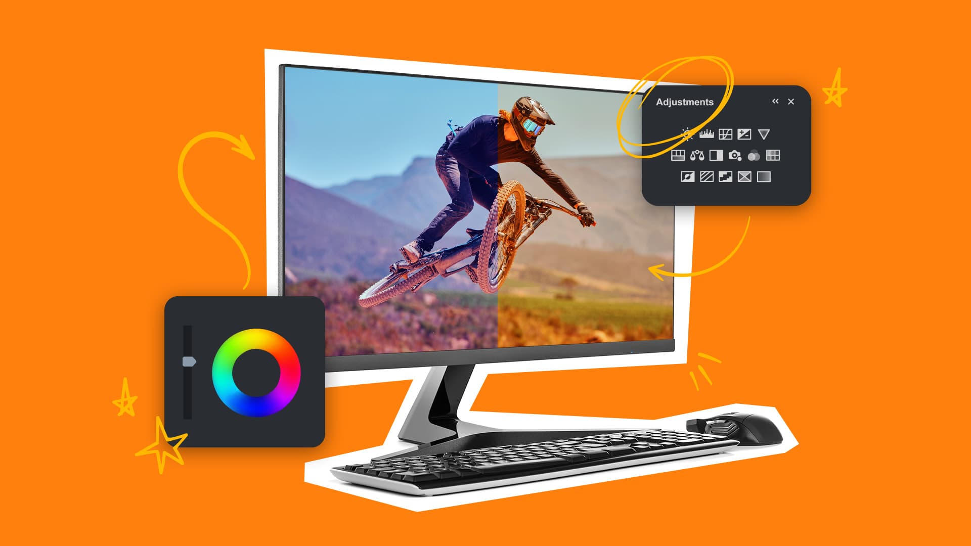 This image features a computer with half of the screen color graded, the other half original. The image represents color grading: what is it and how does it work?