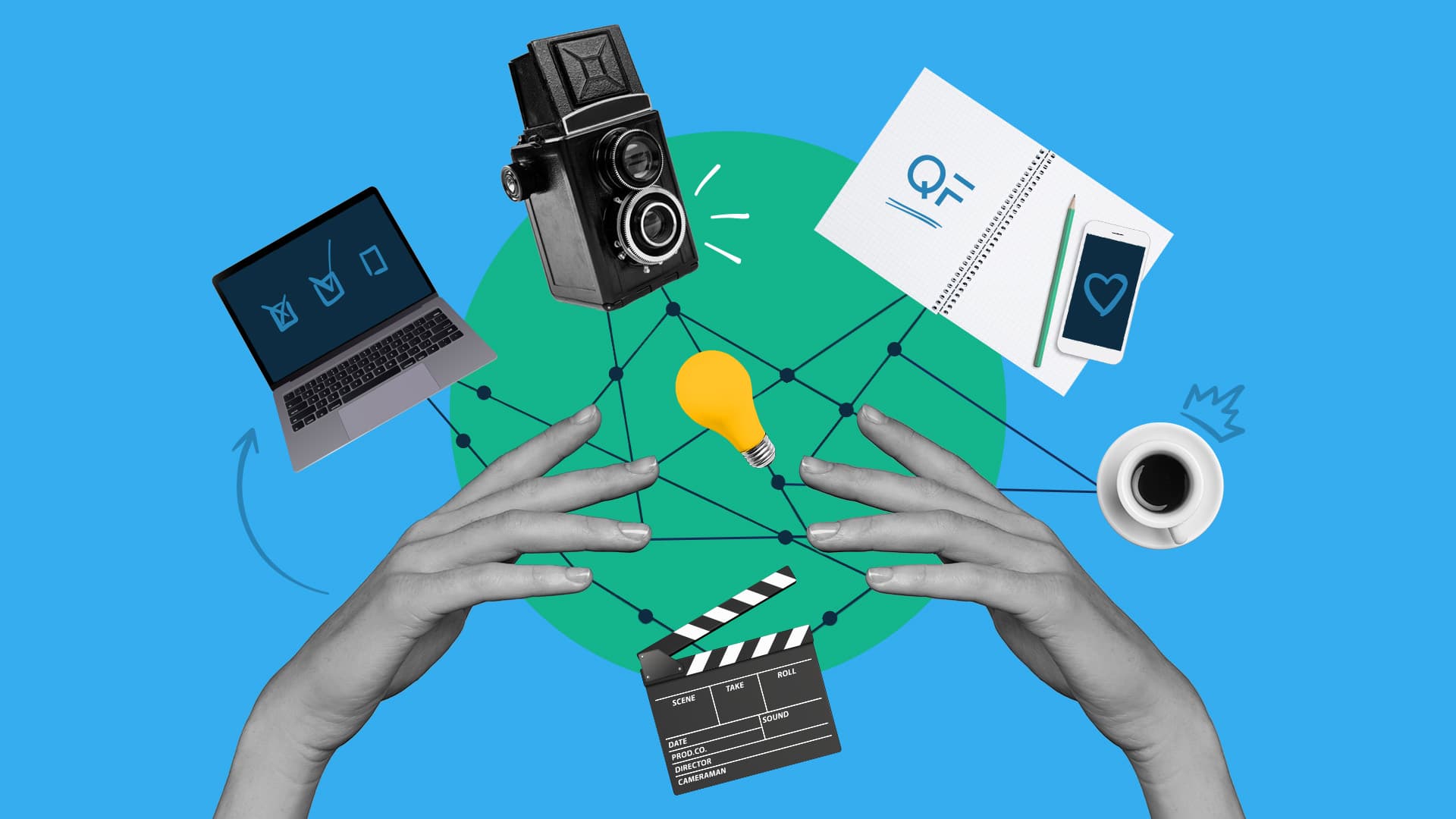This image features several different video elements tied together with lines. The image represents video production project management.
