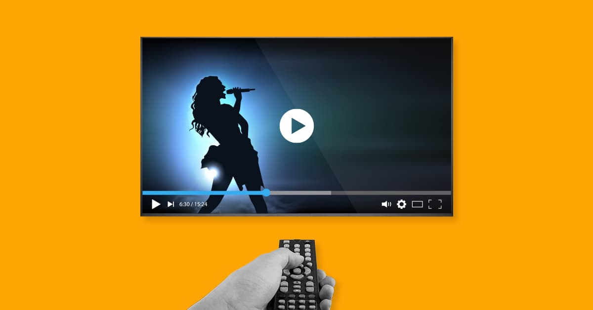This image features an orange background with a television screen. On the screen is someone performing at a concert. This image represents music and streaming.