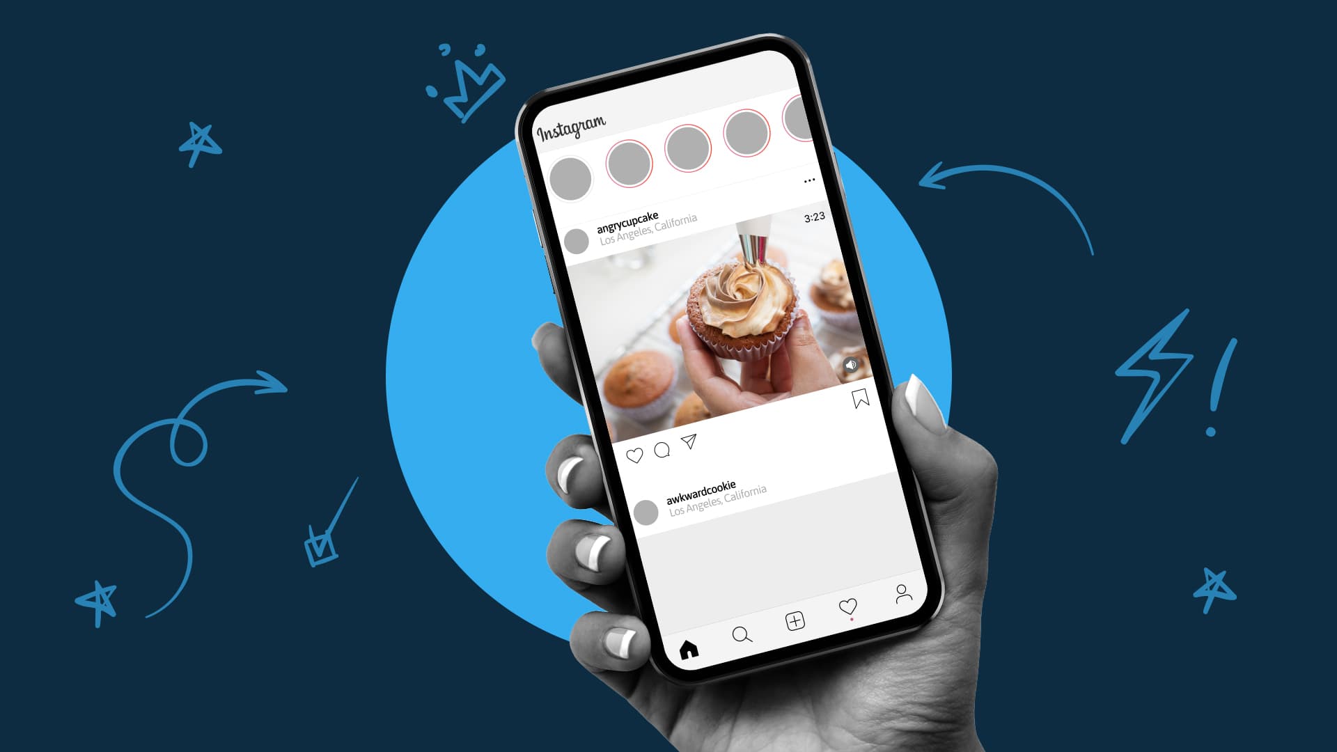 This image shows a hand holding up a phone with Instagram on the screen. The image represents Instagram video length.