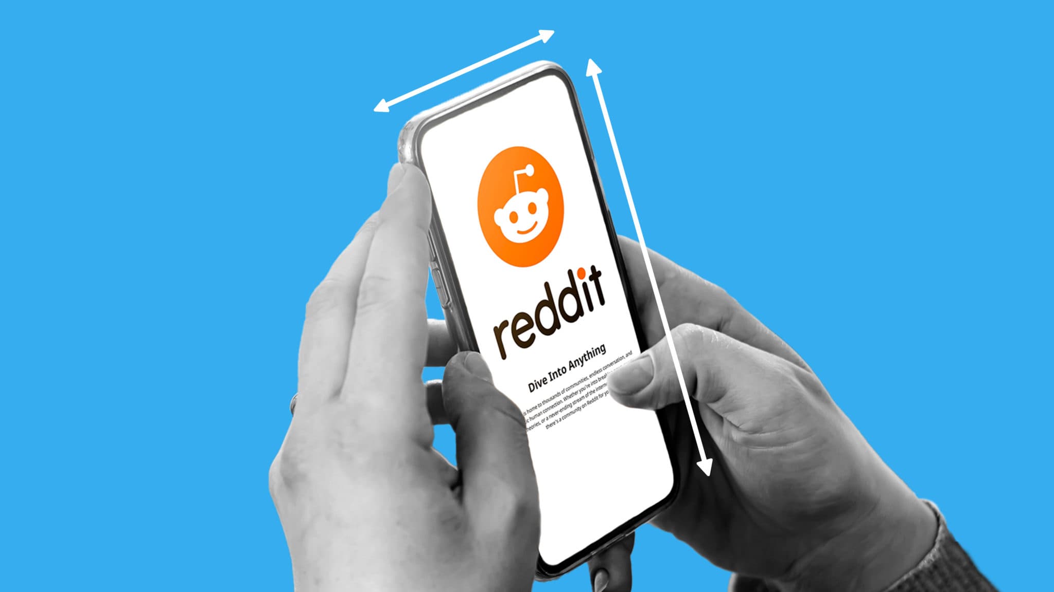 This image is of a person holding a phone with the Reddit logo on the screen. Lines are on the sides of the phone to show the size of the screen. This image represents Reddit video ad specs and sizes.
