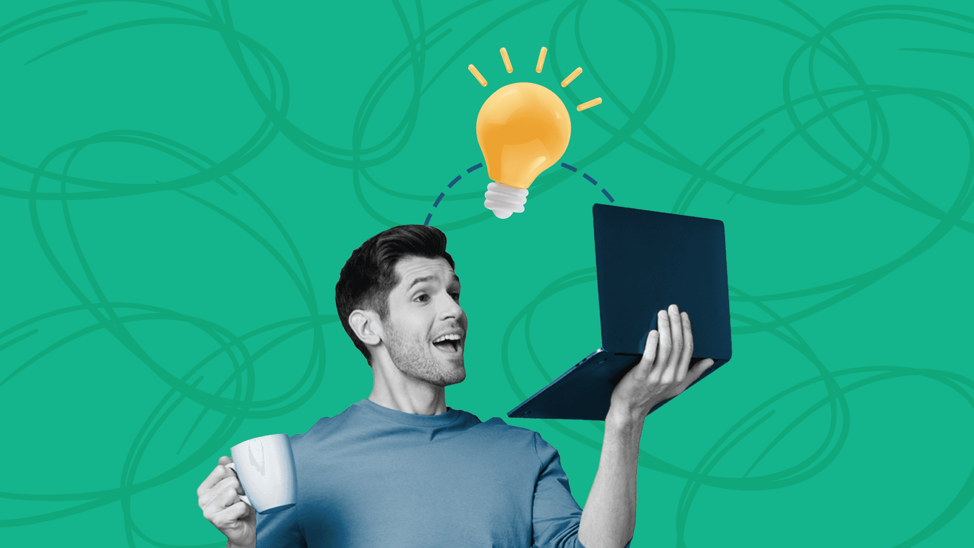 This image features a person holding a laptop with a lightbulb over their head. In their other hand, they are holding a mug.