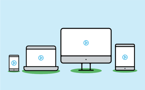 Four devices side by side playing videos: a phone, a laptop, a desktop monitor, and a tablet.