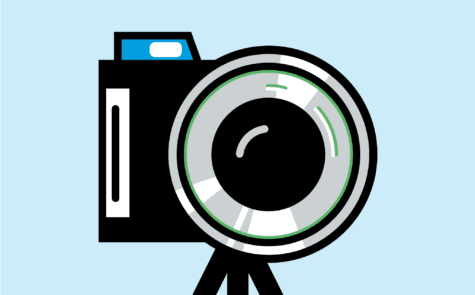 Illustrated closeup of a video camera on a tripod, with the lens facing the viewer.