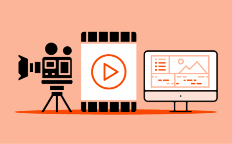 Video camera, video, and editing software to illustrate the video marketing and production process.